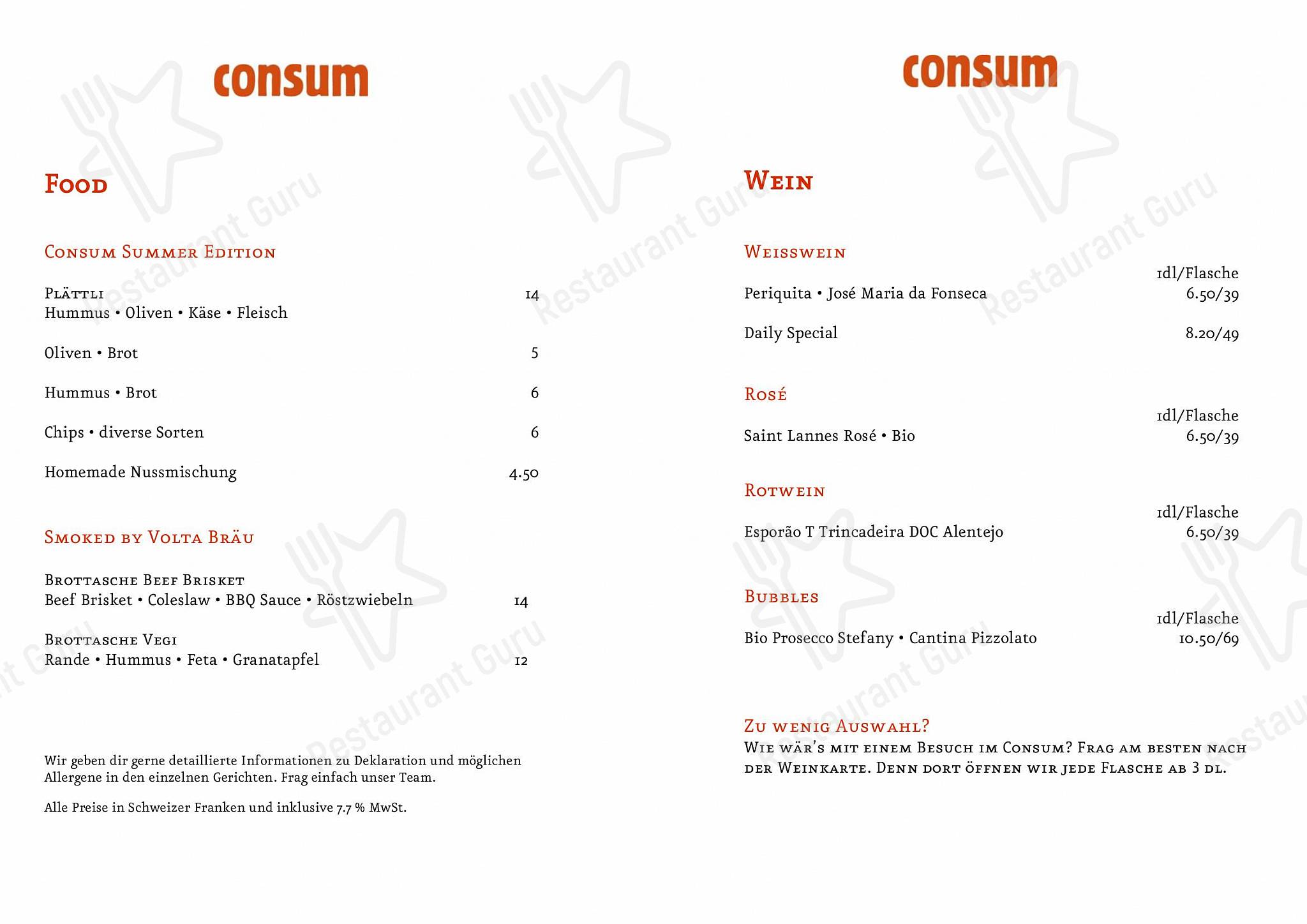 Основное меню per Consum Weinbar pub & bar
