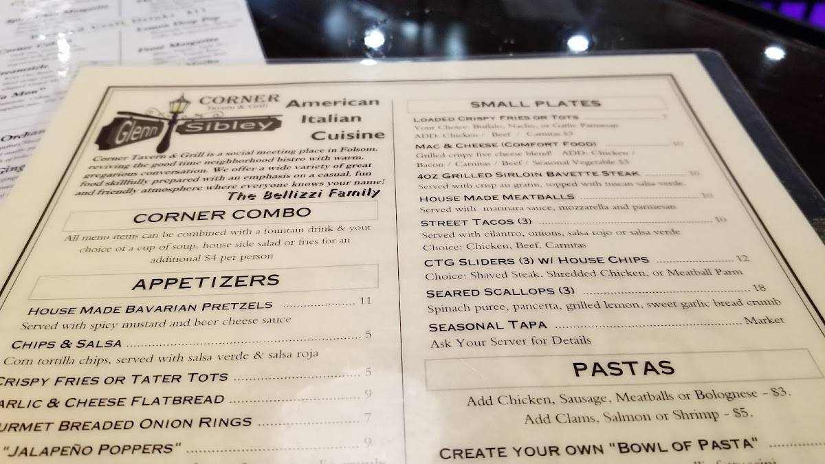 Menu at Corner Tavern & Grill pub & bar, Folsom, 700 Glenn Dr