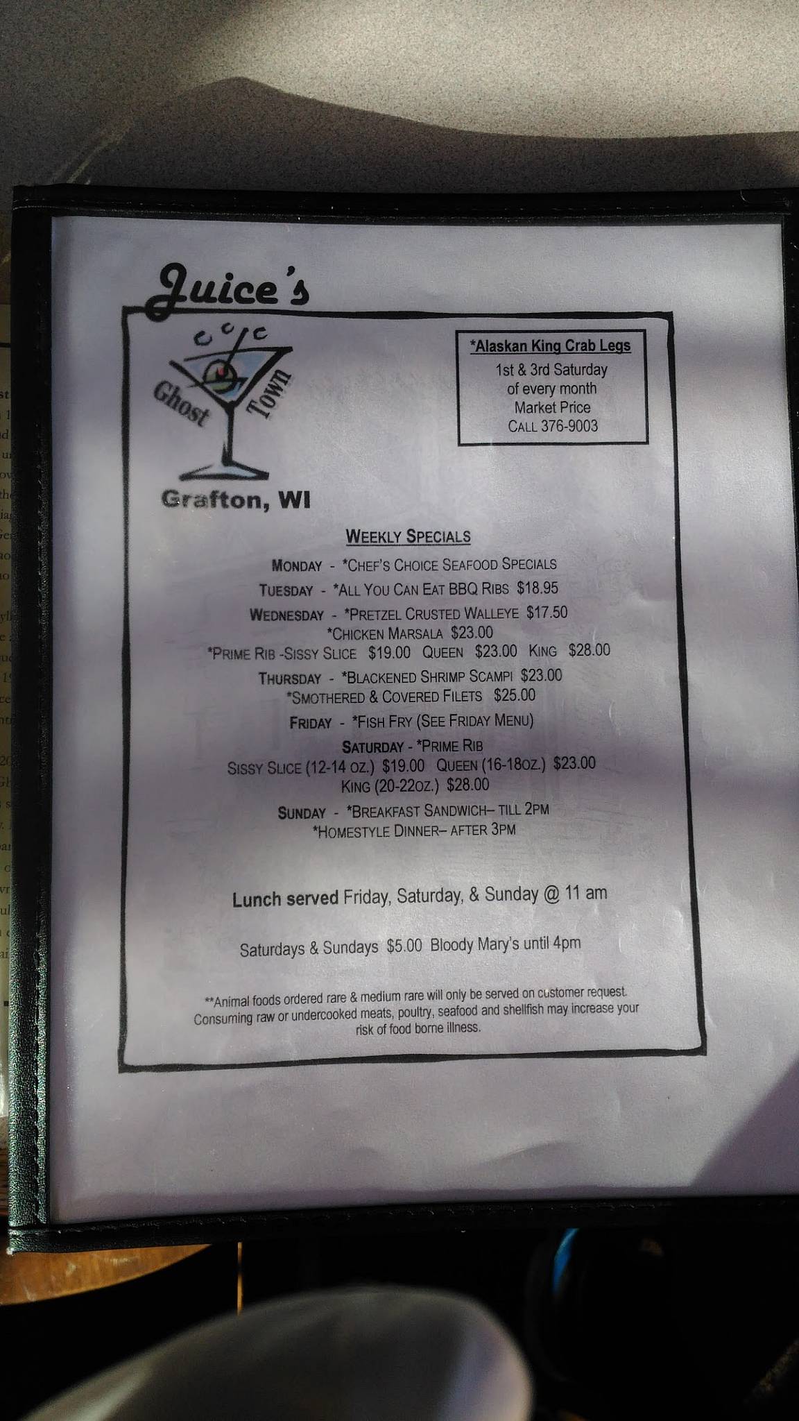 Menu at Juice's Ghost Town pub & bar, Grafton