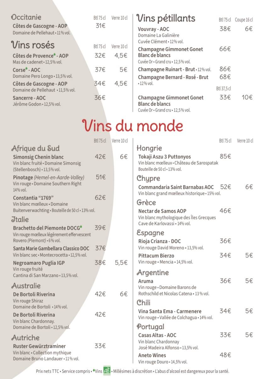 Menu de L'Épicurien