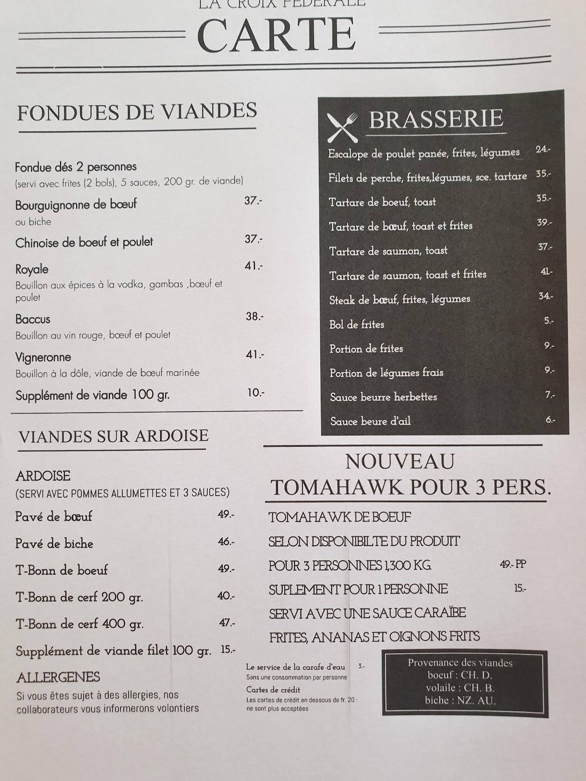 Menu di La Croix Fédérale 