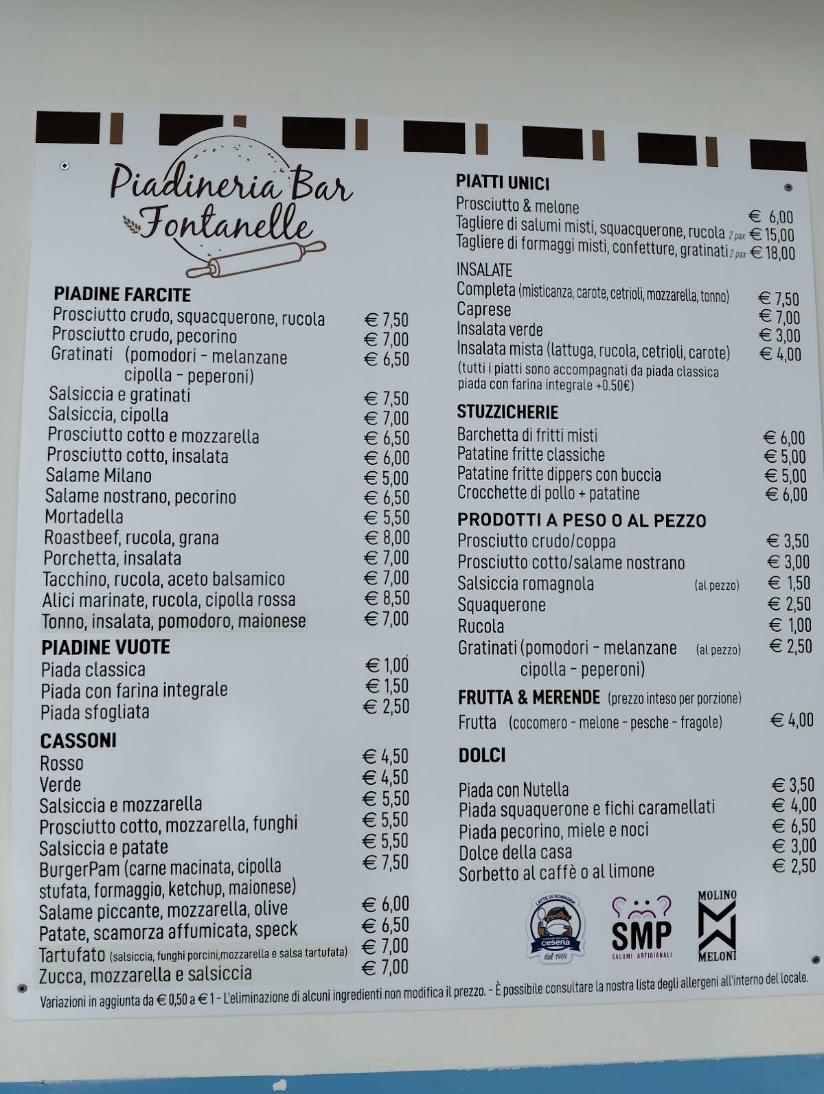 Menu di Piadineria Bar Fontanelle 