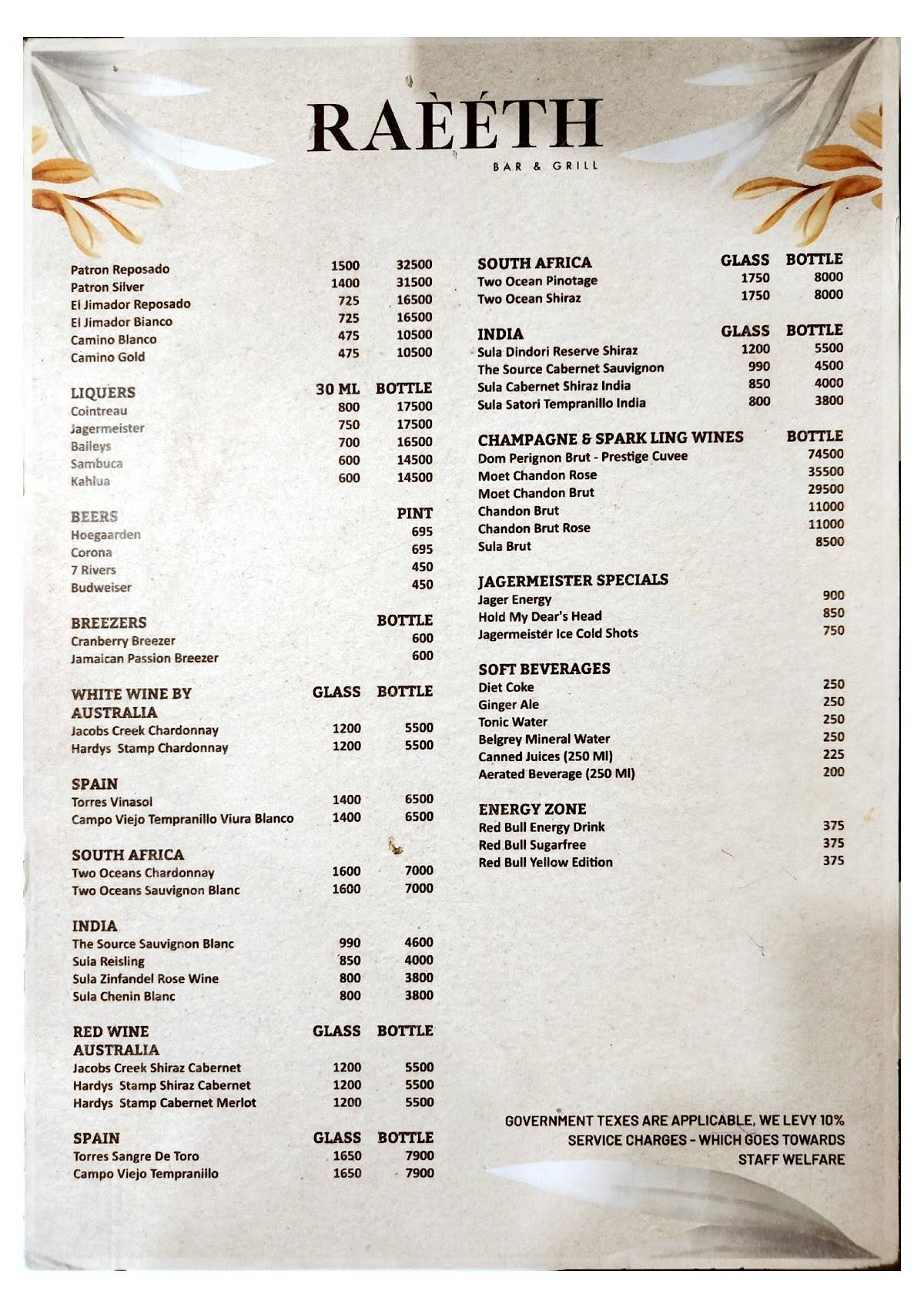 RAEETH Goa menu