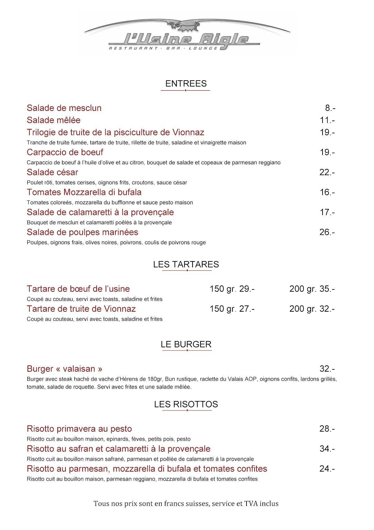 Menu di Restaurant L' Usine Aigle 