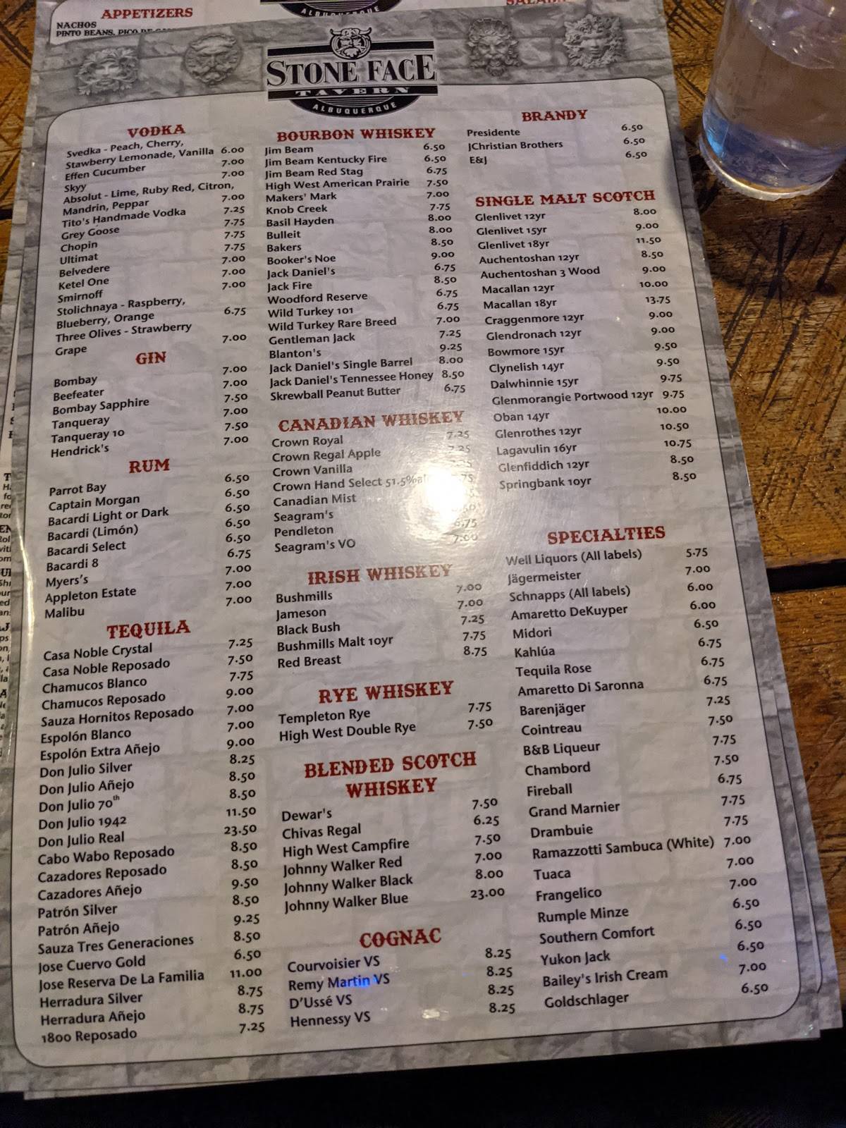 Menu at Stone Face Tavern pub & bar, Albuquerque