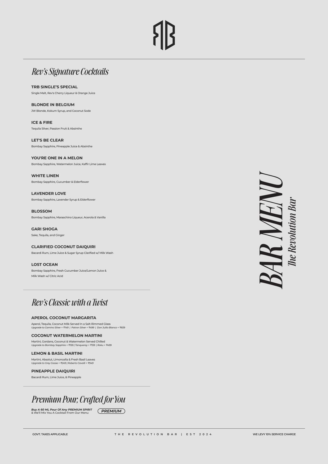 The Revolution Bar menu