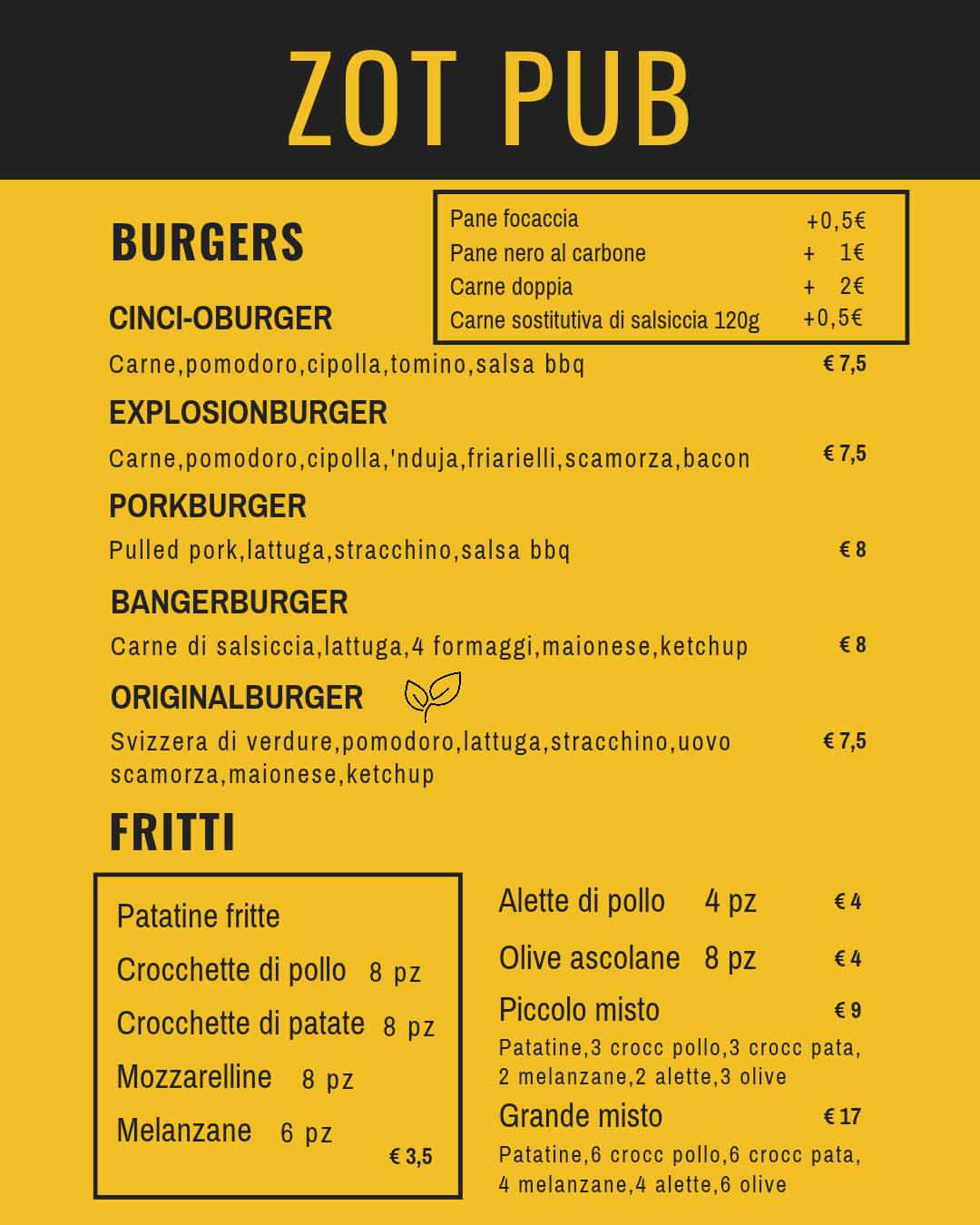 Menu di Zot! Pub Risto Bar 