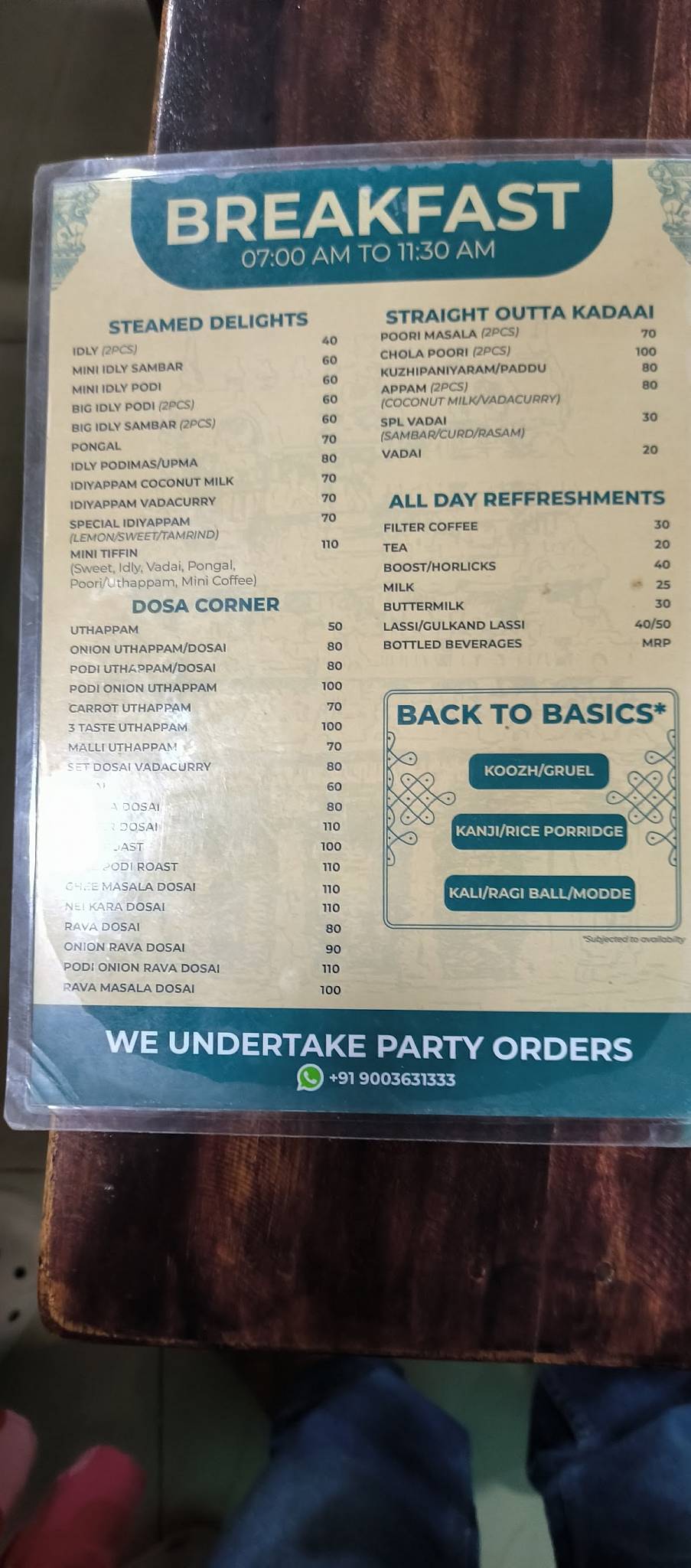 Atherai Vegetarian Restaurant menu