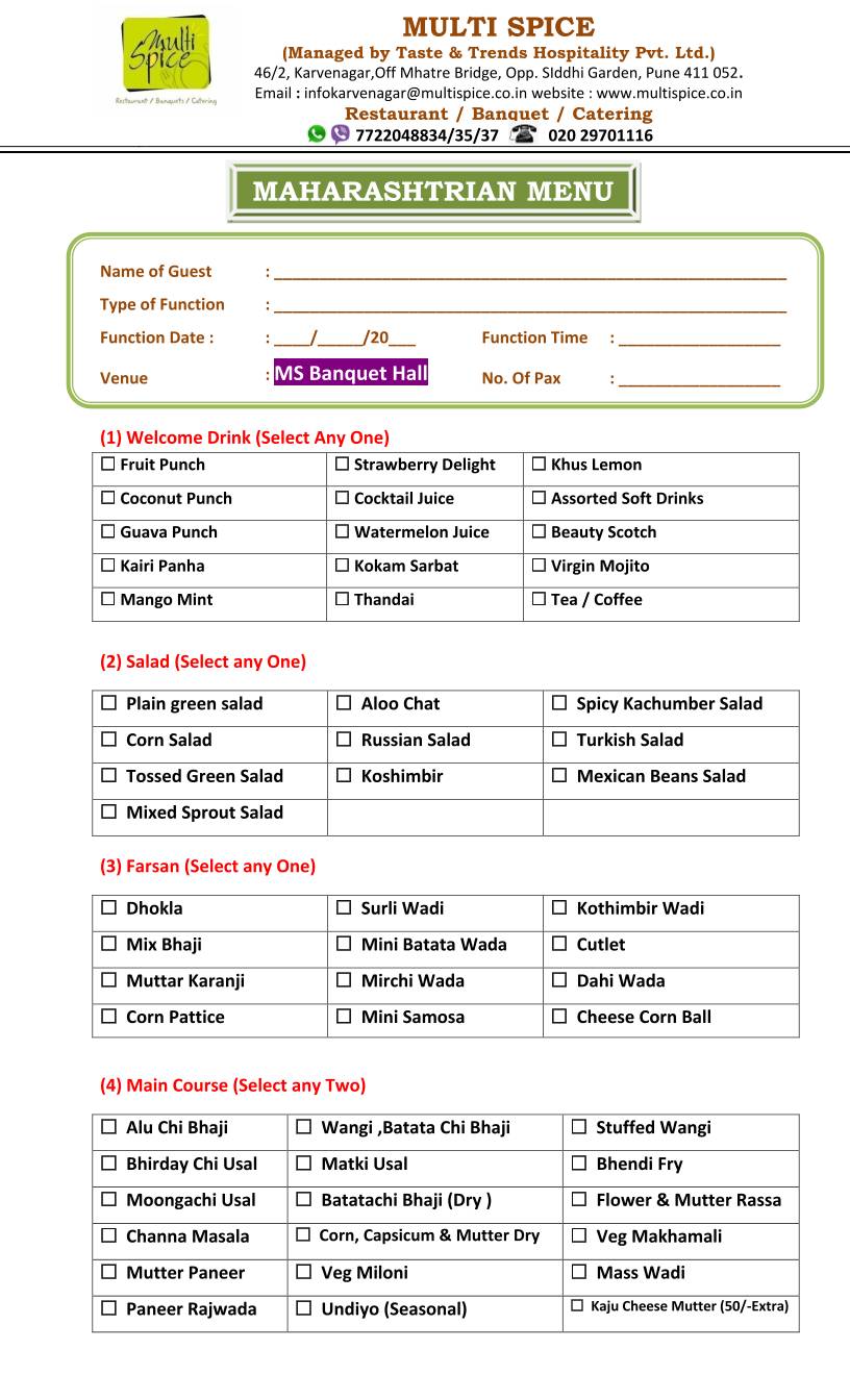 Multi Spice menu
