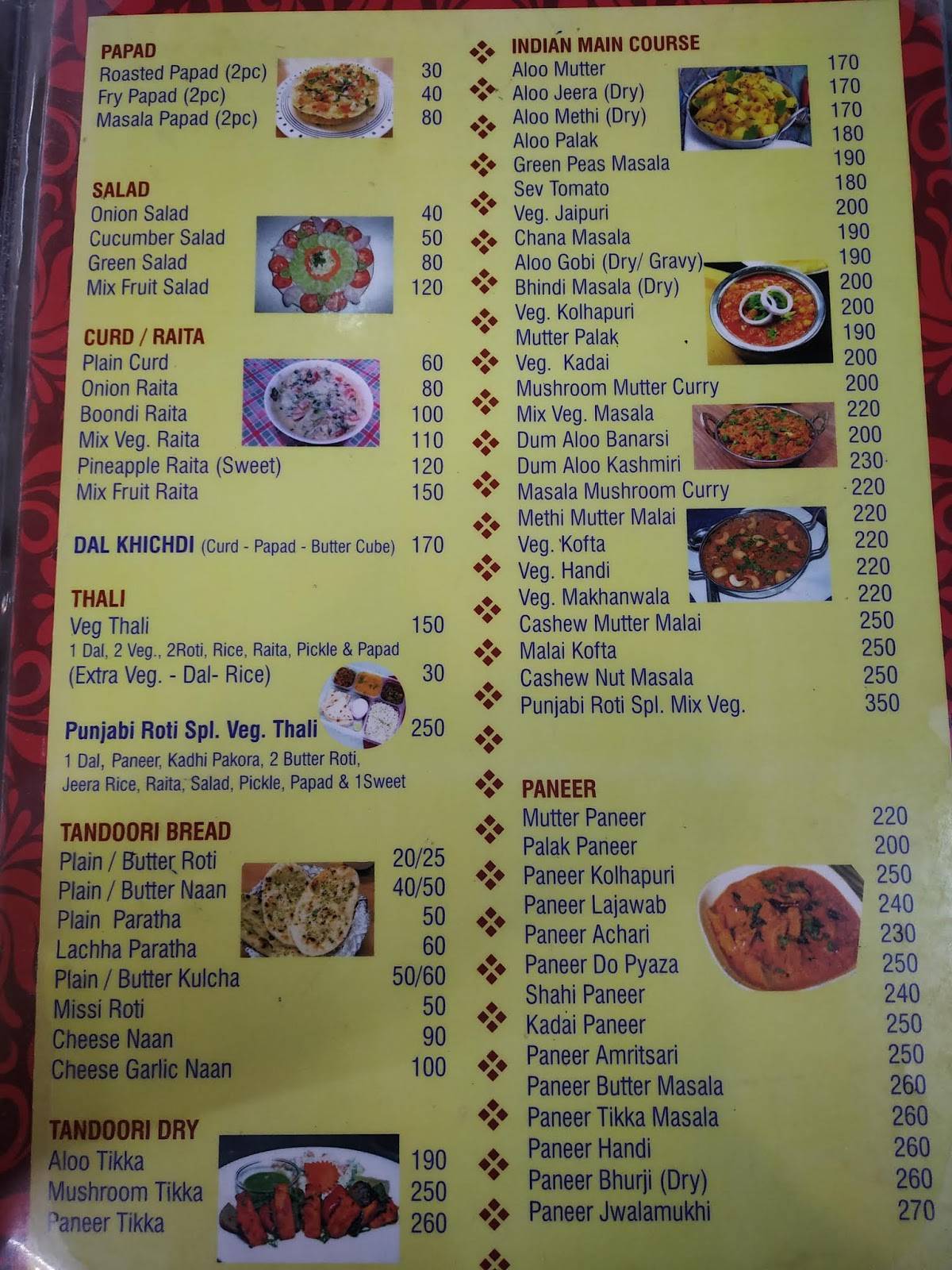 Punjabi Roti menu