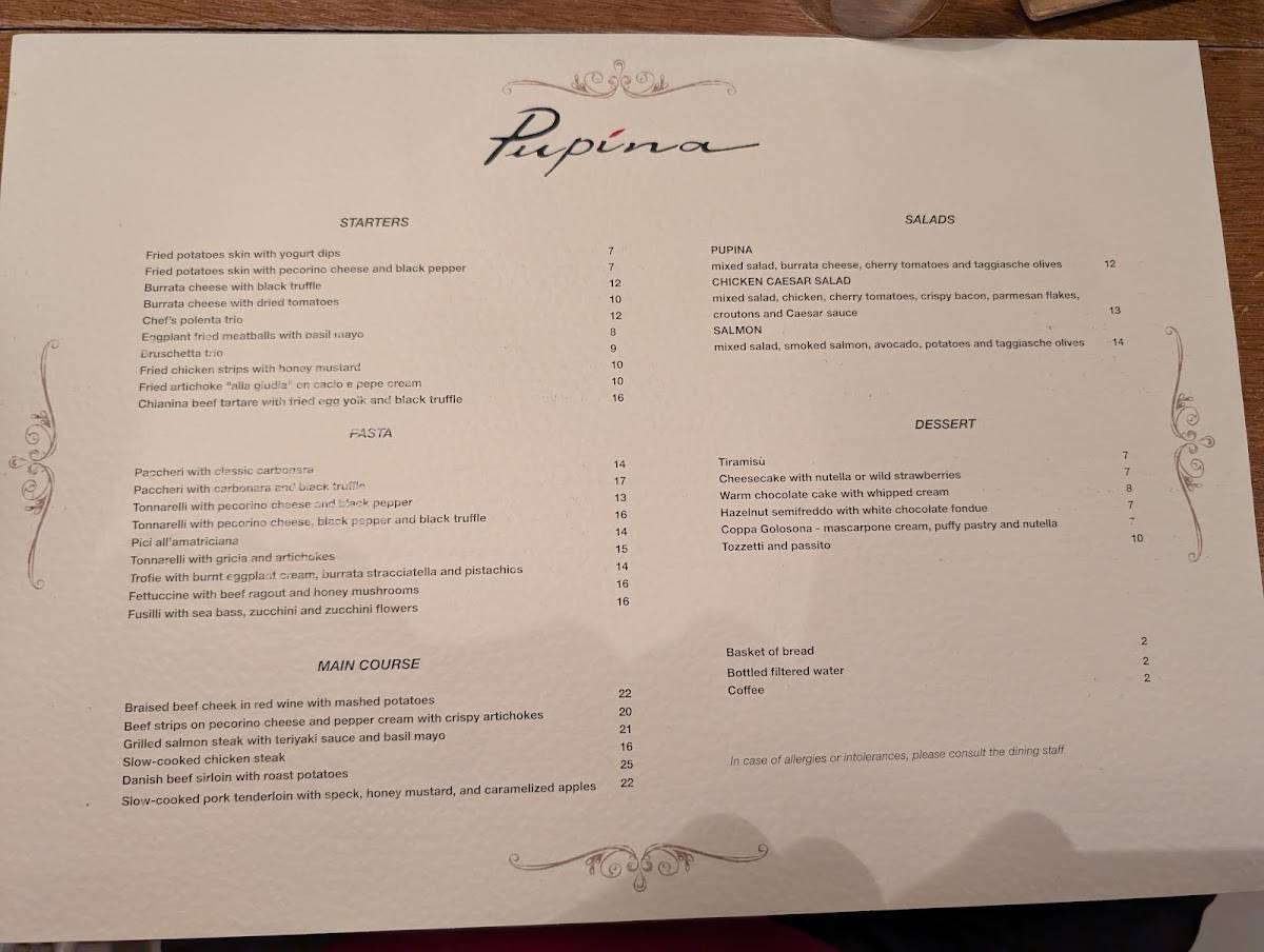 Menu di Pupina 