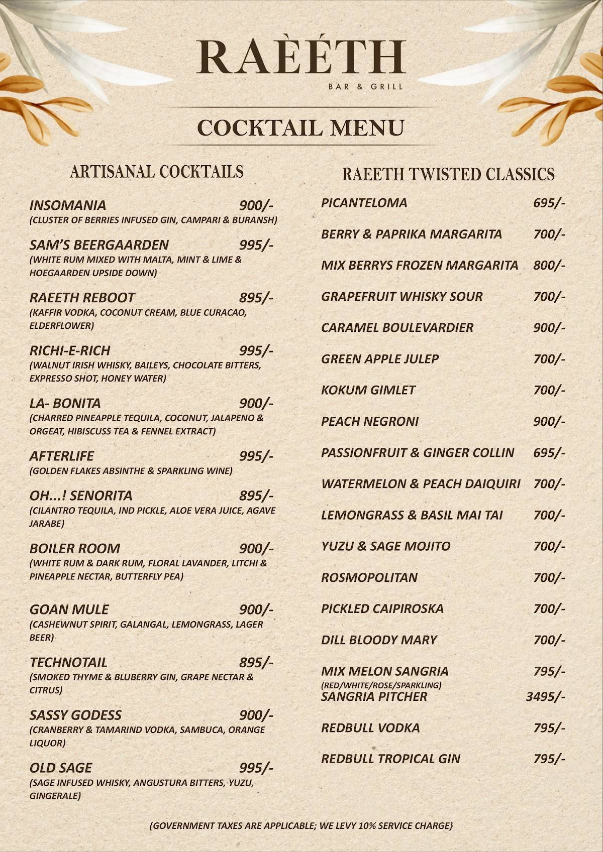 RAEETH Goa menu