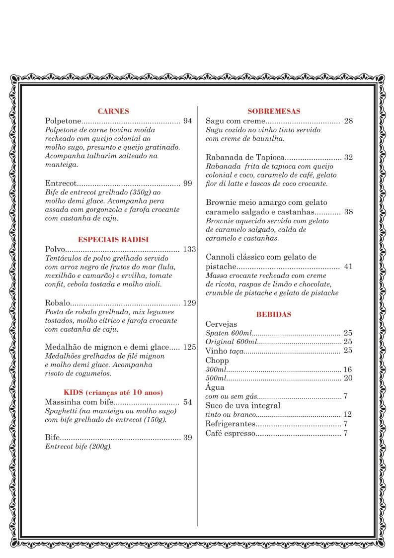 Radisi Bar & Restaurante cardápio