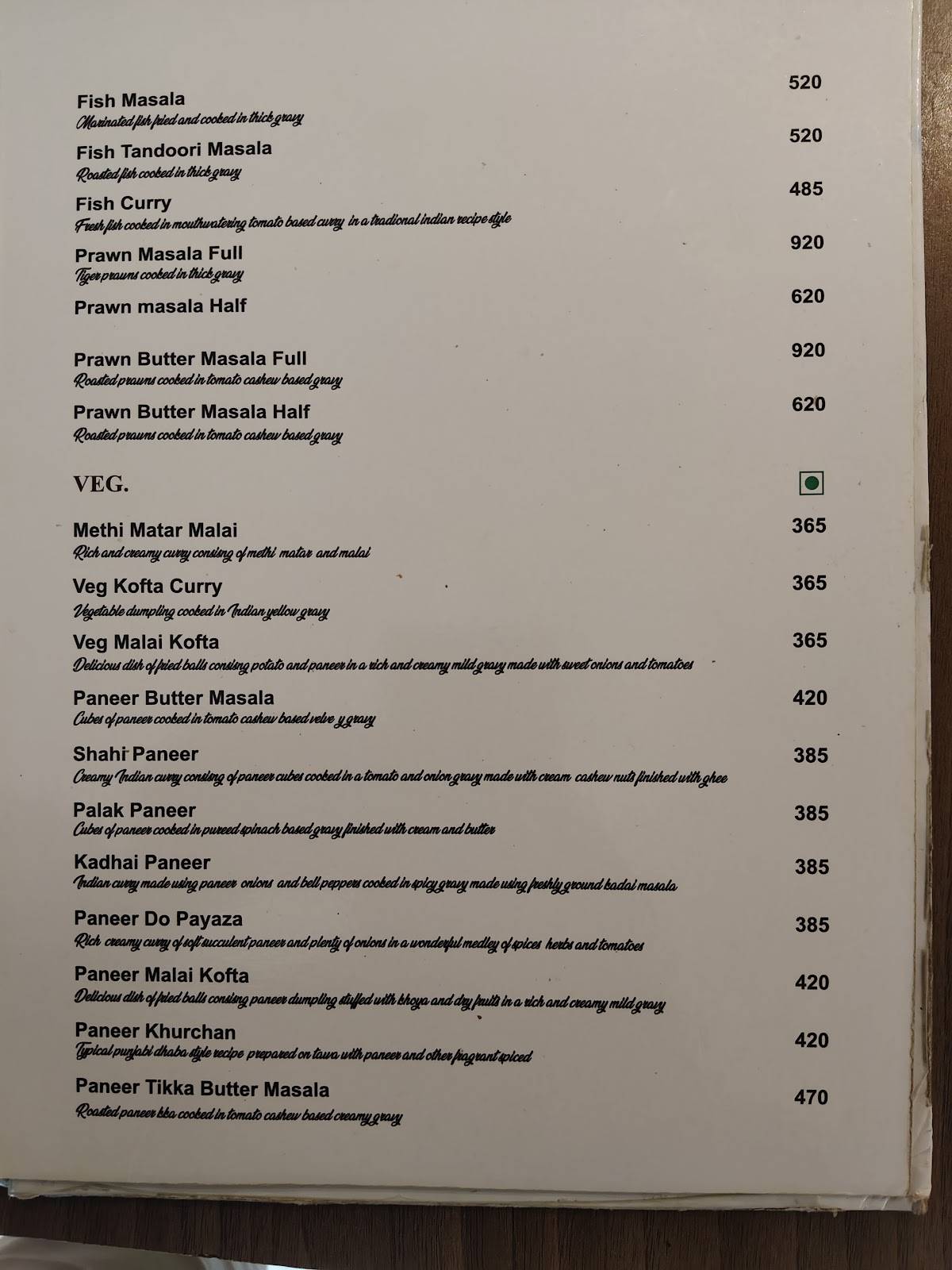 Raj Rasoi menu