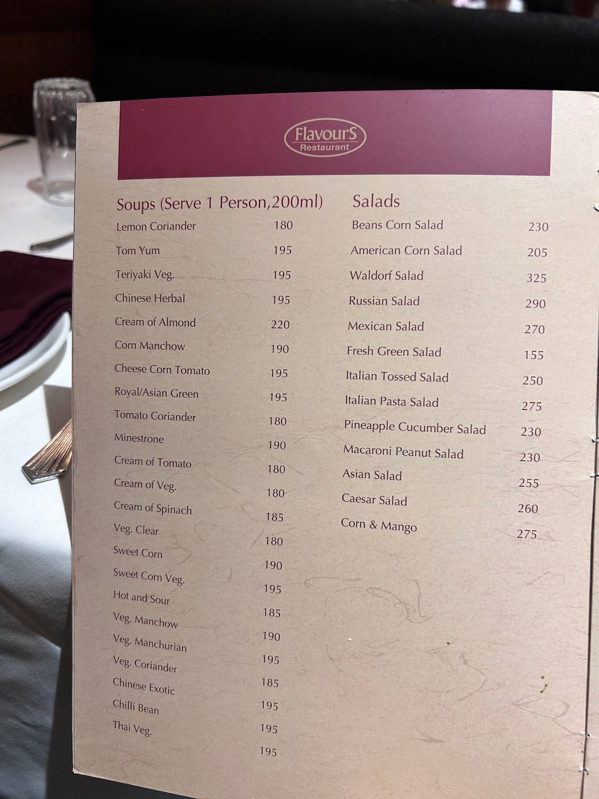 Flavours Restaurant menu