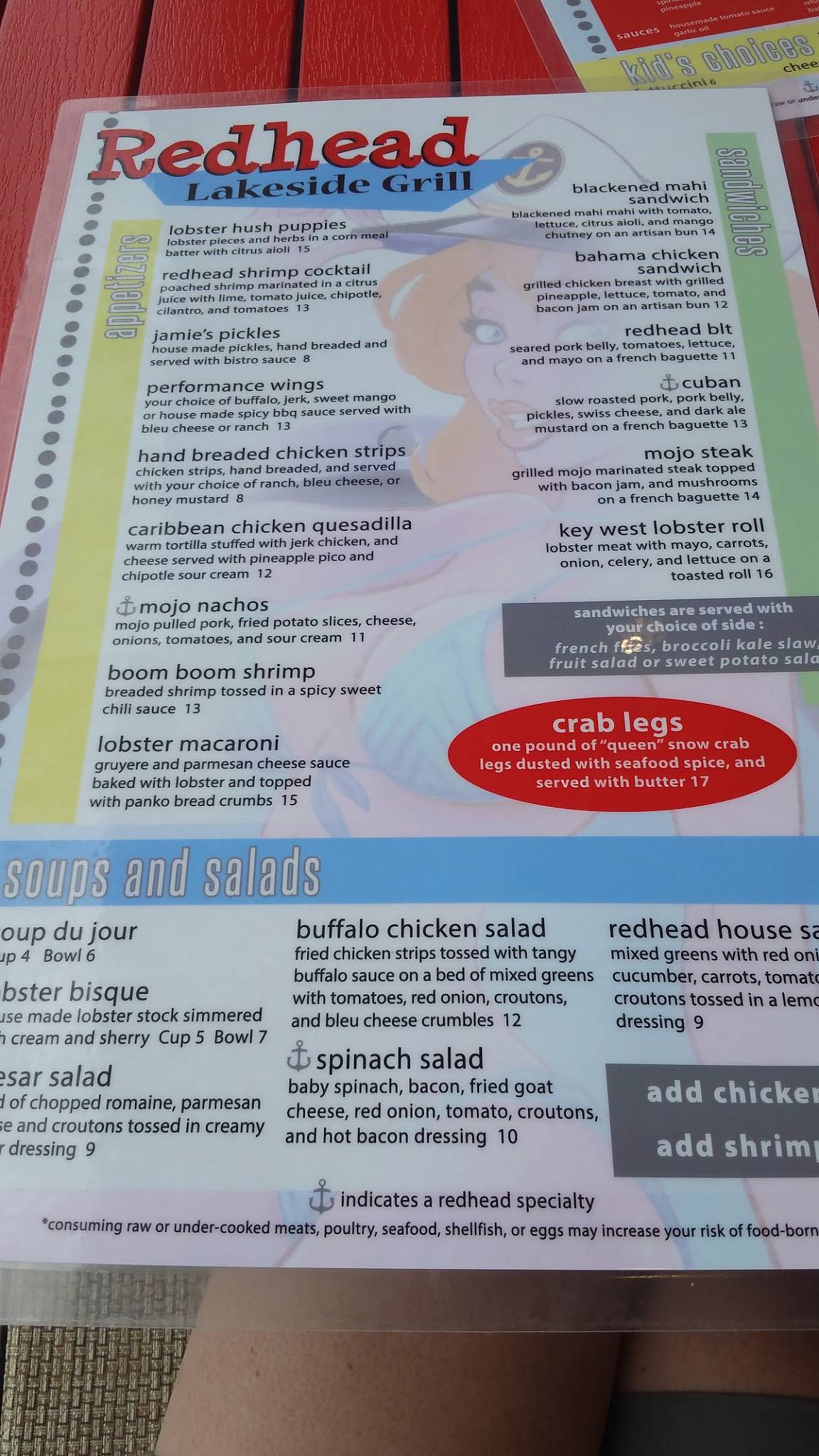 Redhead Lakeside Grill and Yacht Club menu