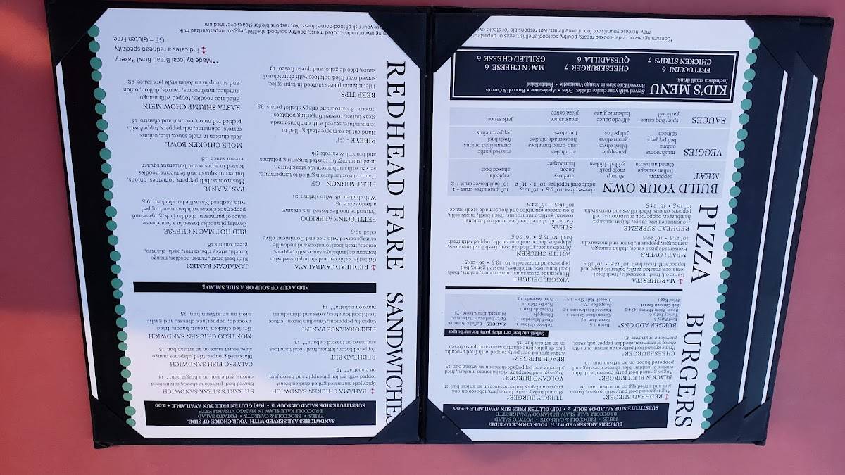 Redhead Lakeside Grill and Yacht Club menu