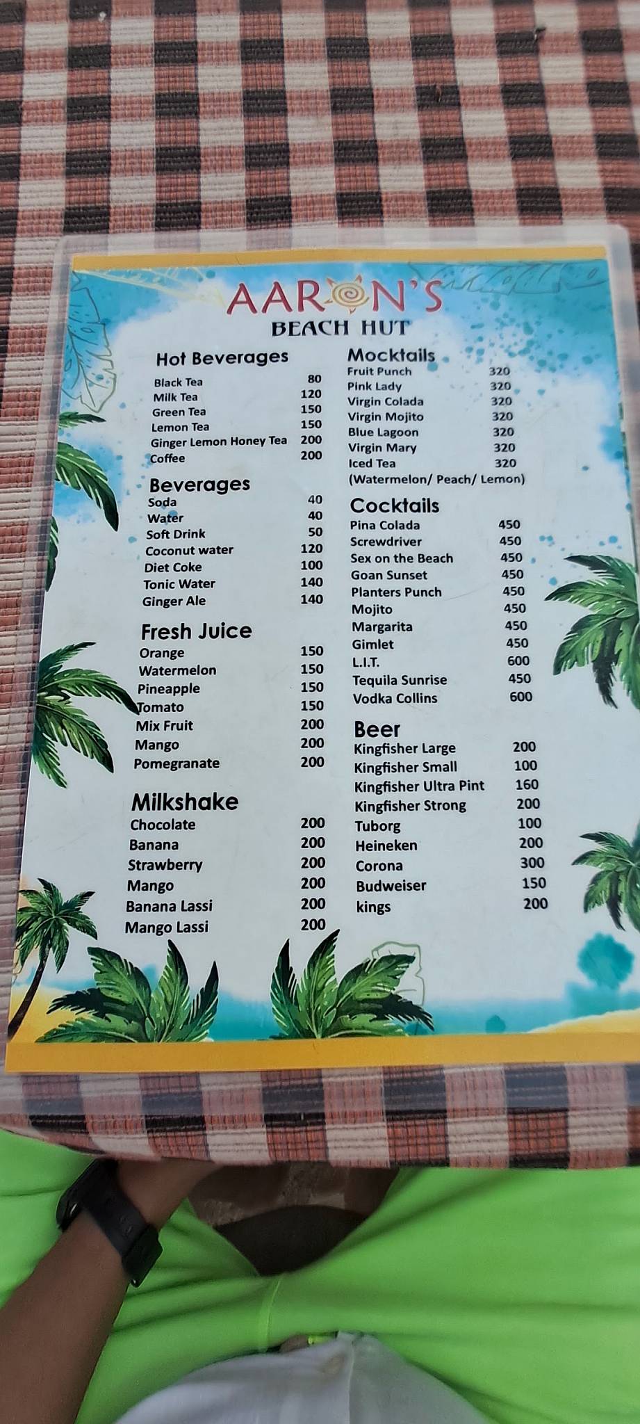 Aaron's Beach hut menu