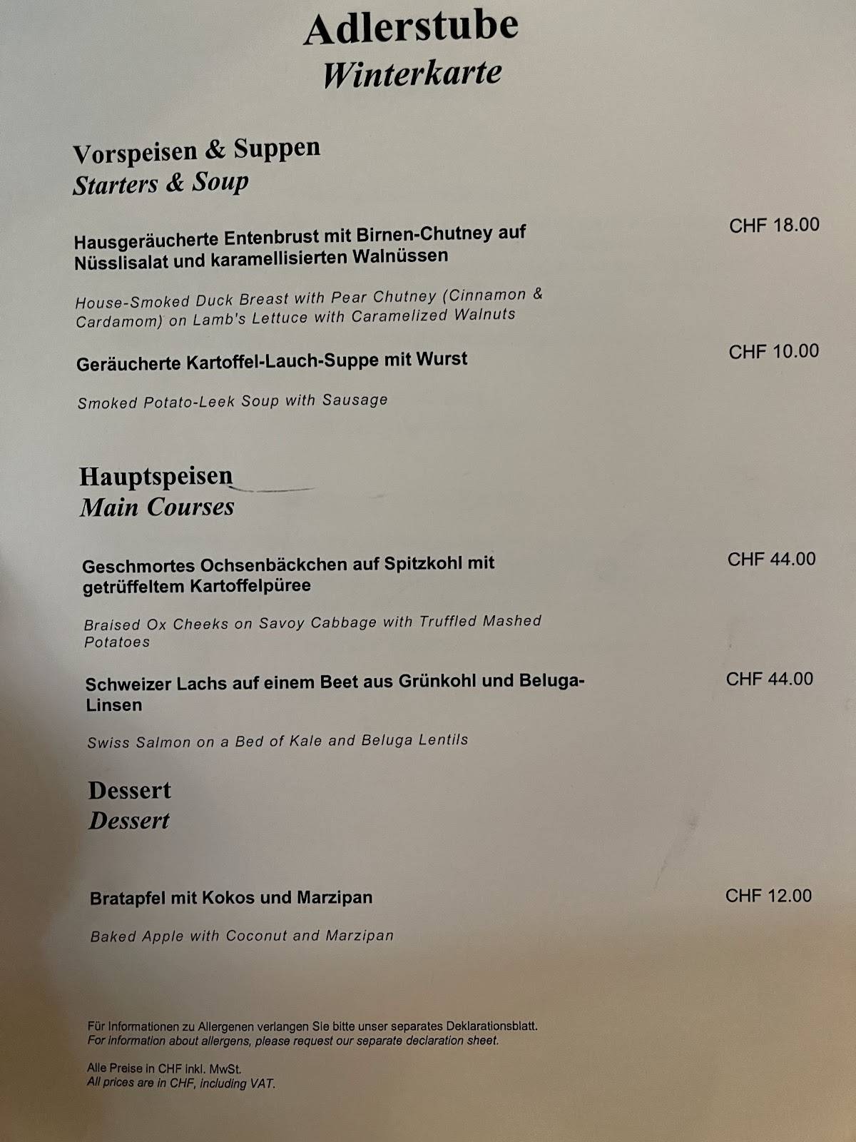 Menu di Restaurant Adlerstube 