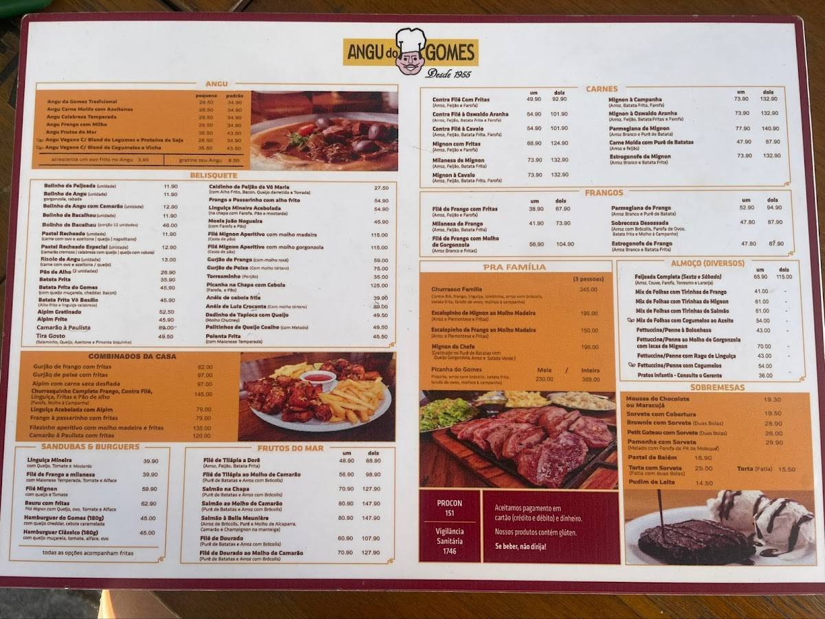 Angu do Gomes cardápio