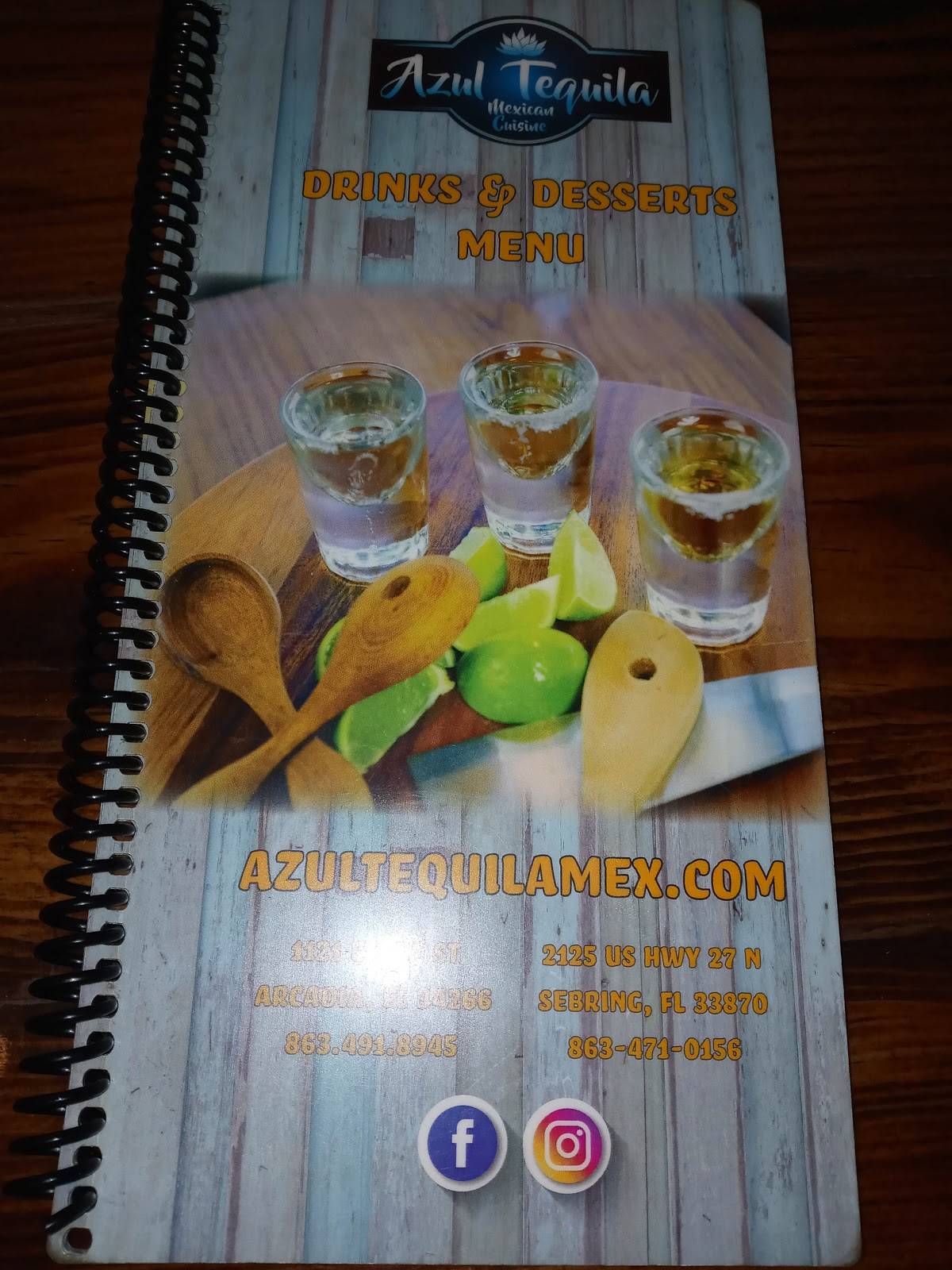 Menu at Azul Tequila restaurant, Sebring, US Hwy 27 N