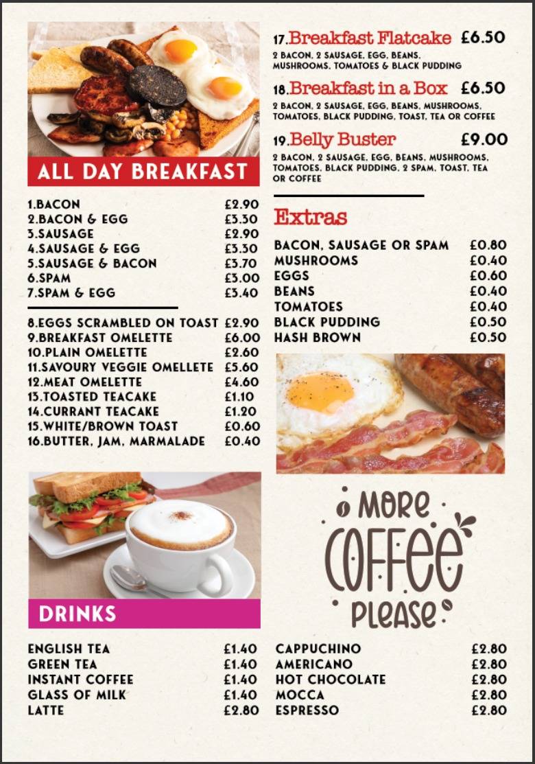 Menu at Banjo's coffee restaurant, Shipley