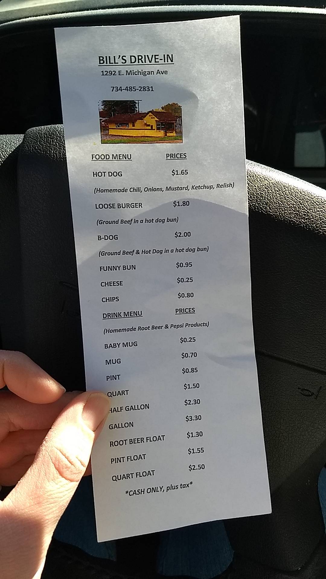 Menu at Bill's Drive in restaurant, Ypsilanti
