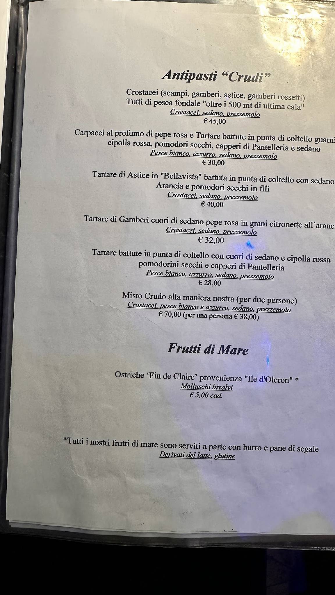 Menu di Bistrot del Mare 