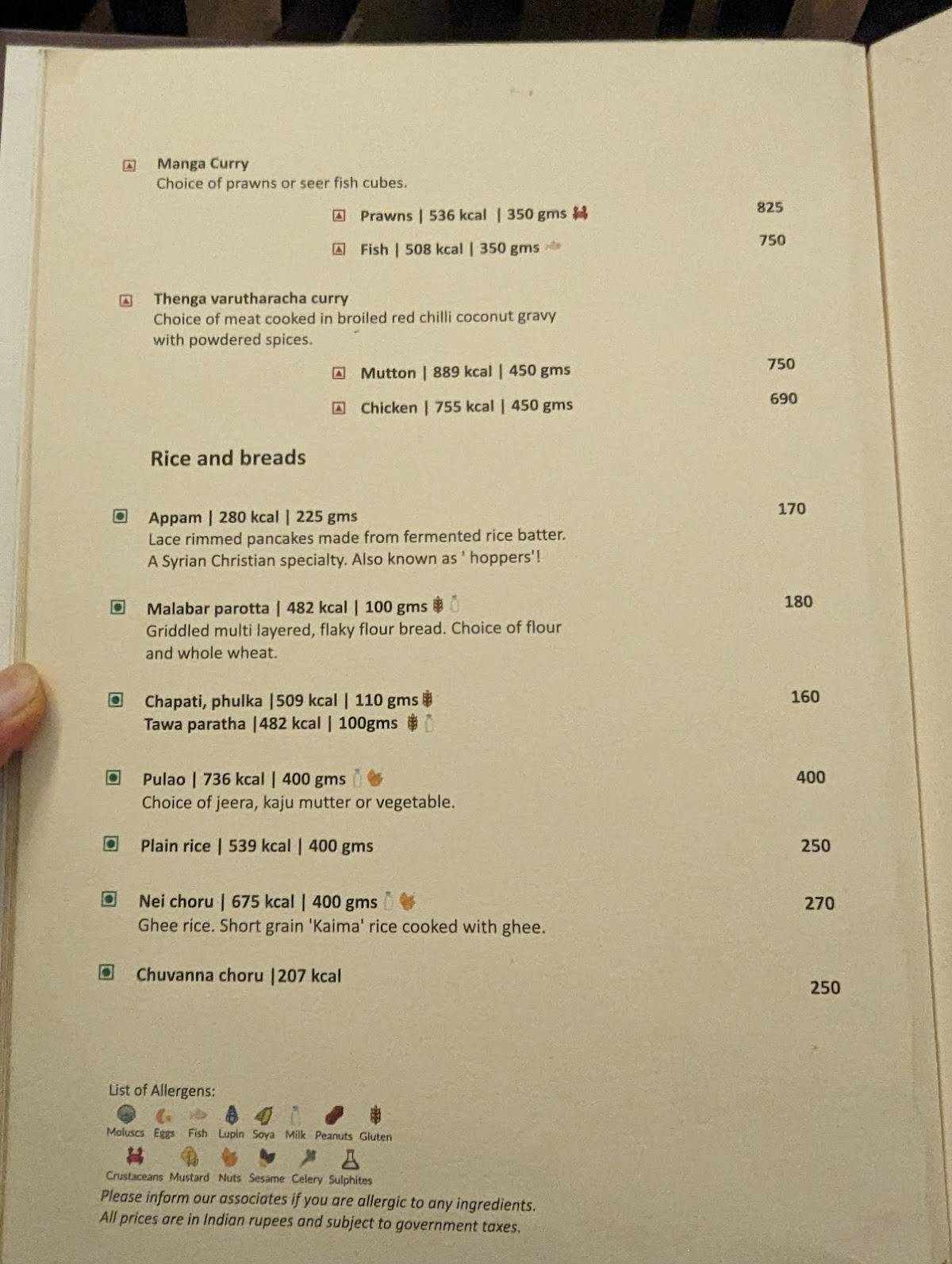 Cape Comorin menu