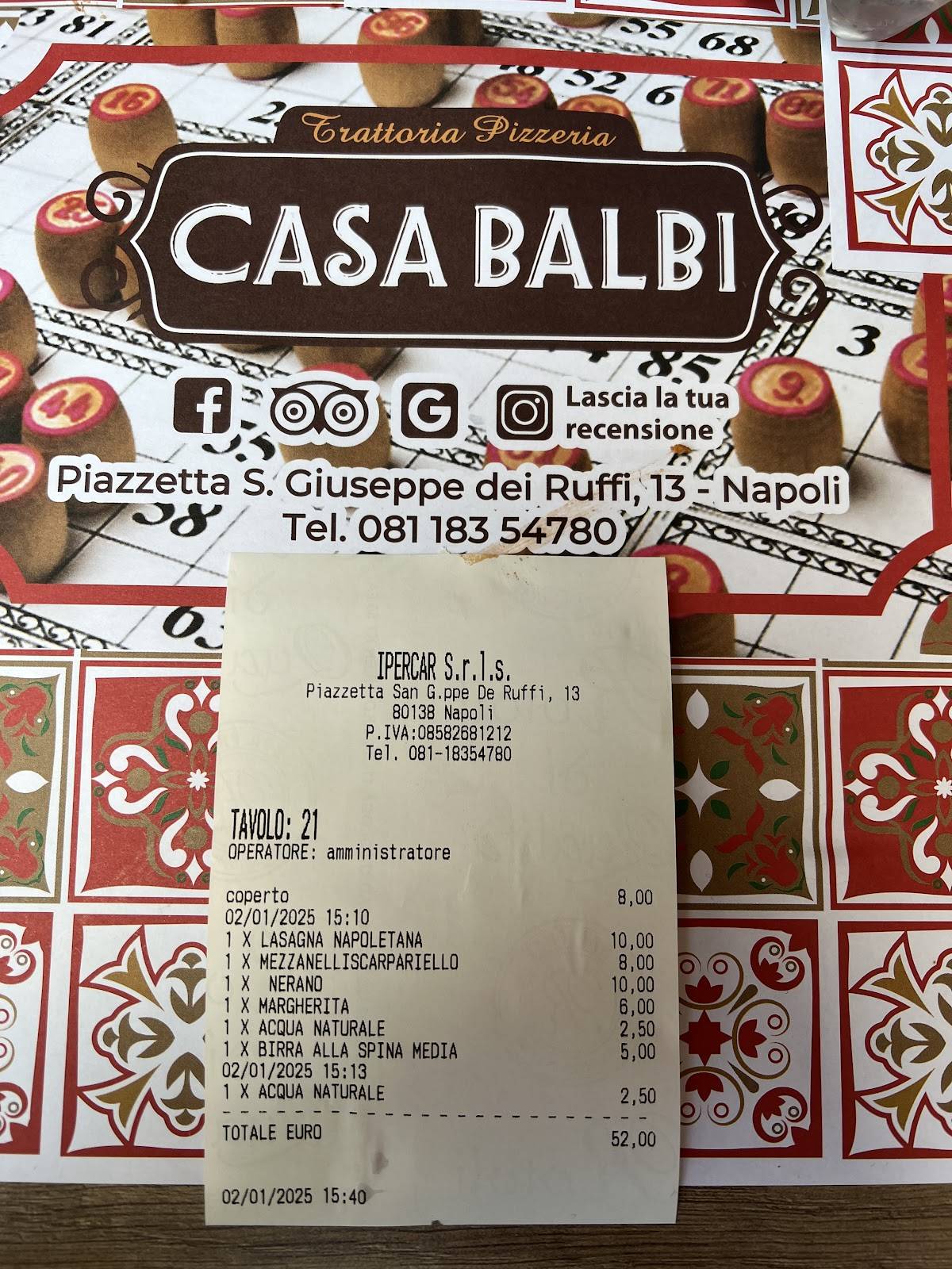 Menu di Casa Balbi - Trattoria Pizzeria 