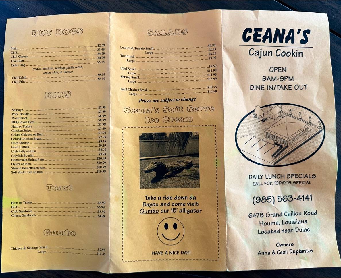 Menu At Ceana s Cajun Cookin Restaurant Dulac menu-at-ceana-s-cajun-cookin-restaurant-dulac