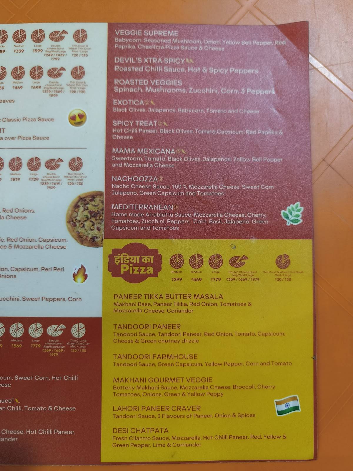Cheelizza India ka Pizza menu