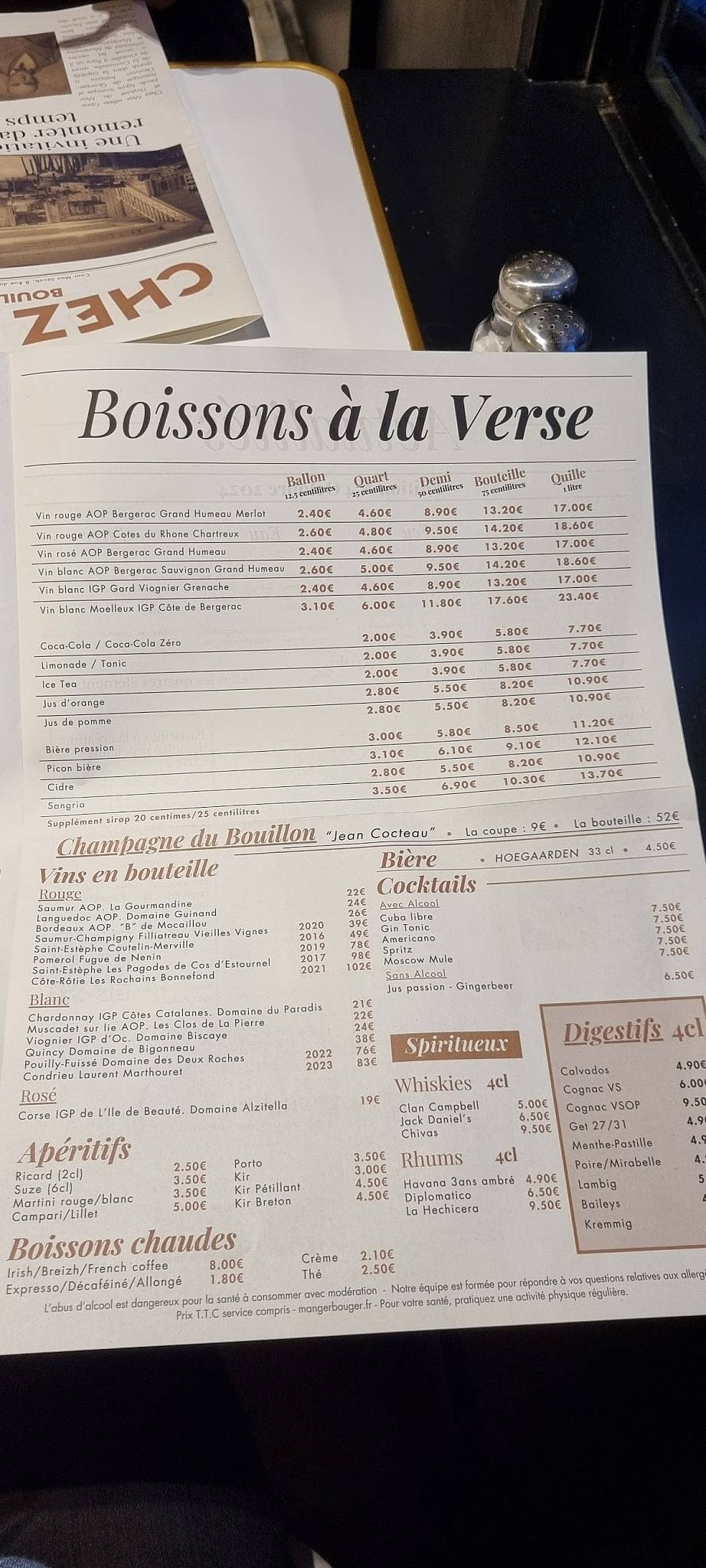 Menu de Chez Max Bouillon Quimper