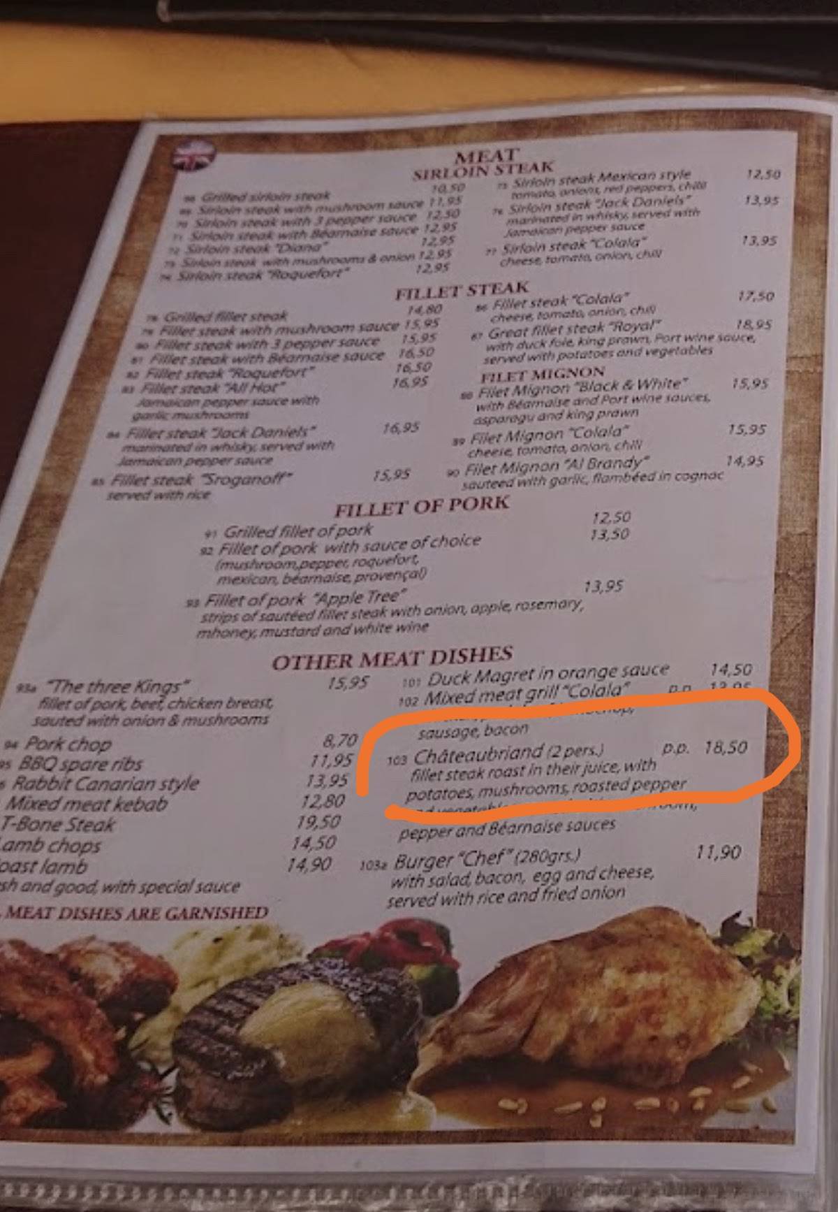 Carta de Restaurant Colala, Costa Adeje