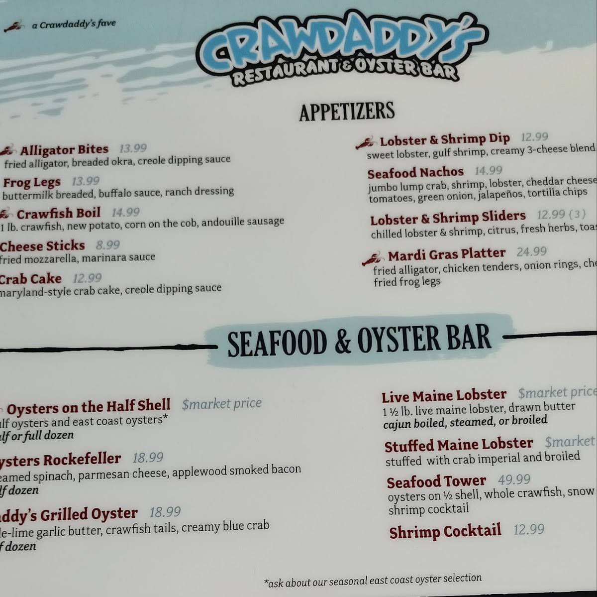 Menu at Crawdaddy’s Restaurant & Oyster Bar, Gatlinburg, 762 Parkway 5