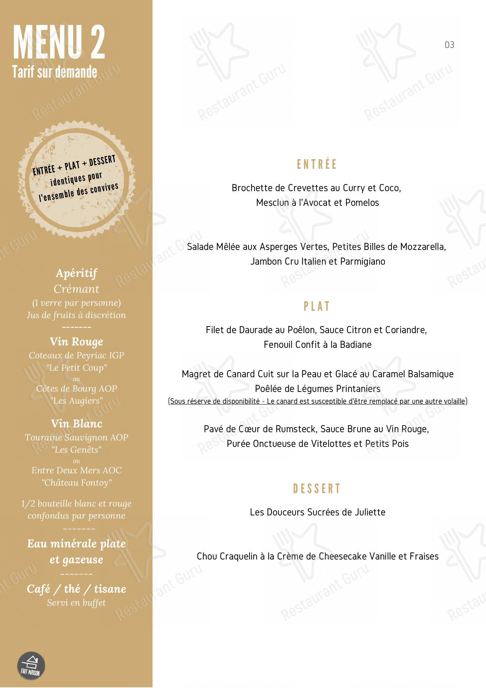 Menu au Domaine Ker Juliette restaurant, Pornichet