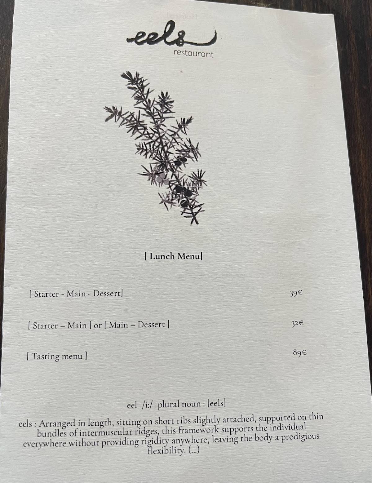 Menu de Restaurant Eels