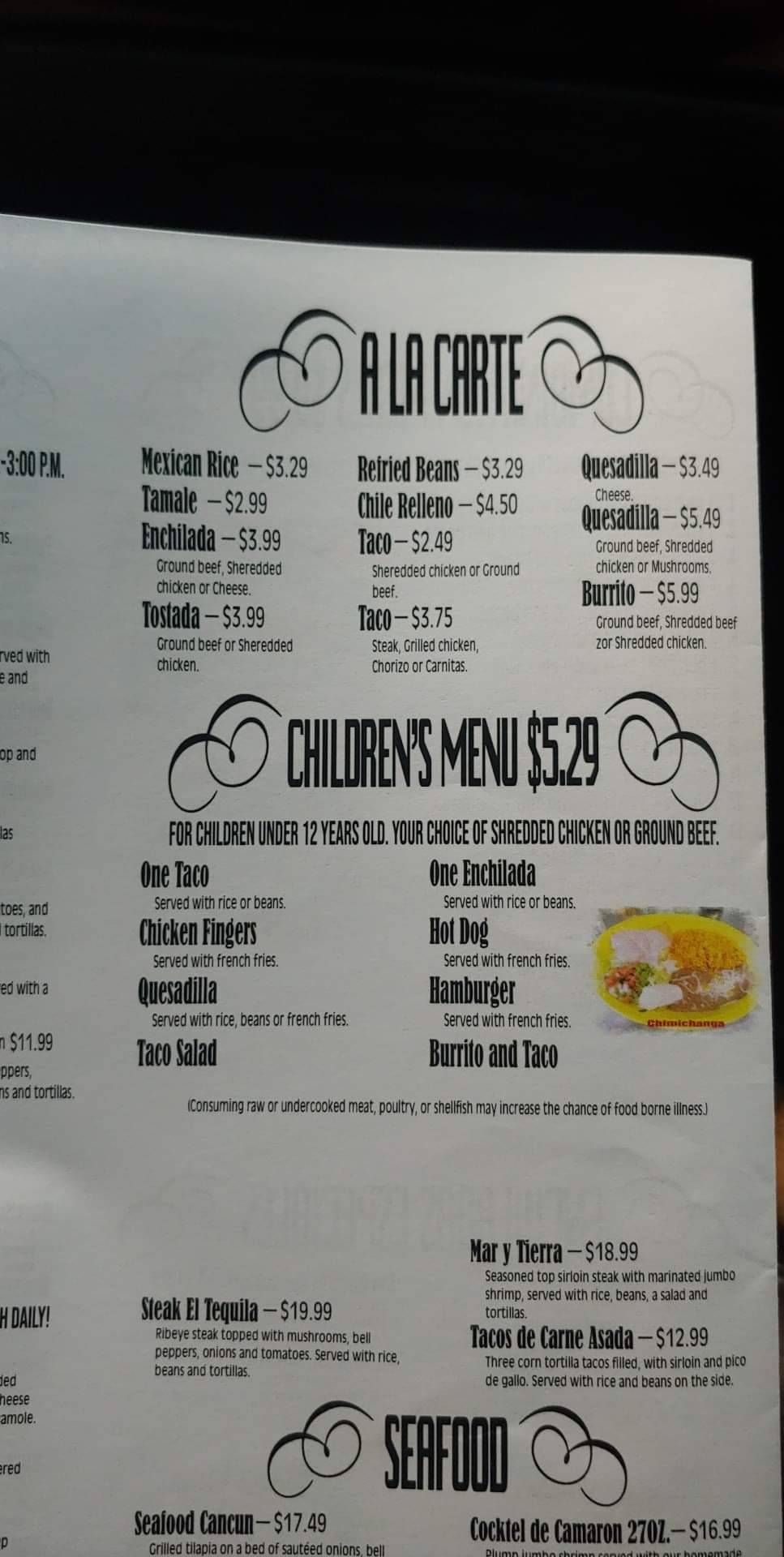 Menu at El Tequila restaurant, Antigo