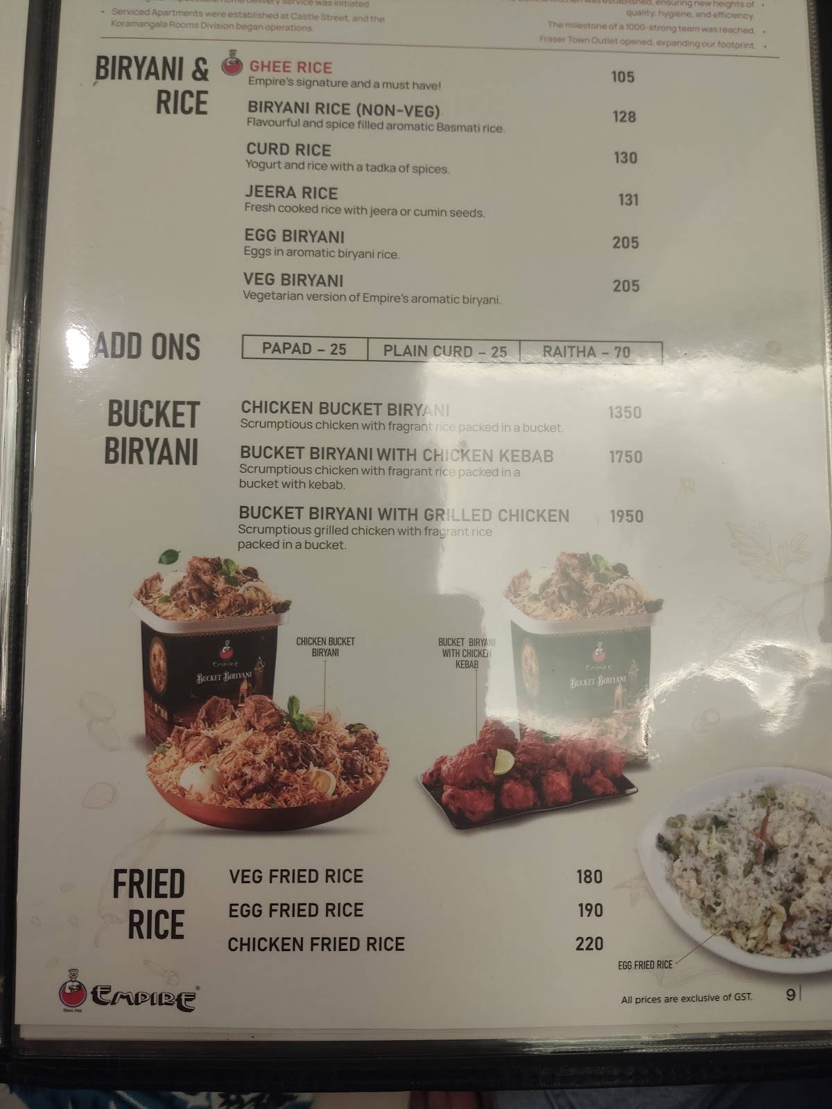Empire Restaurant menu