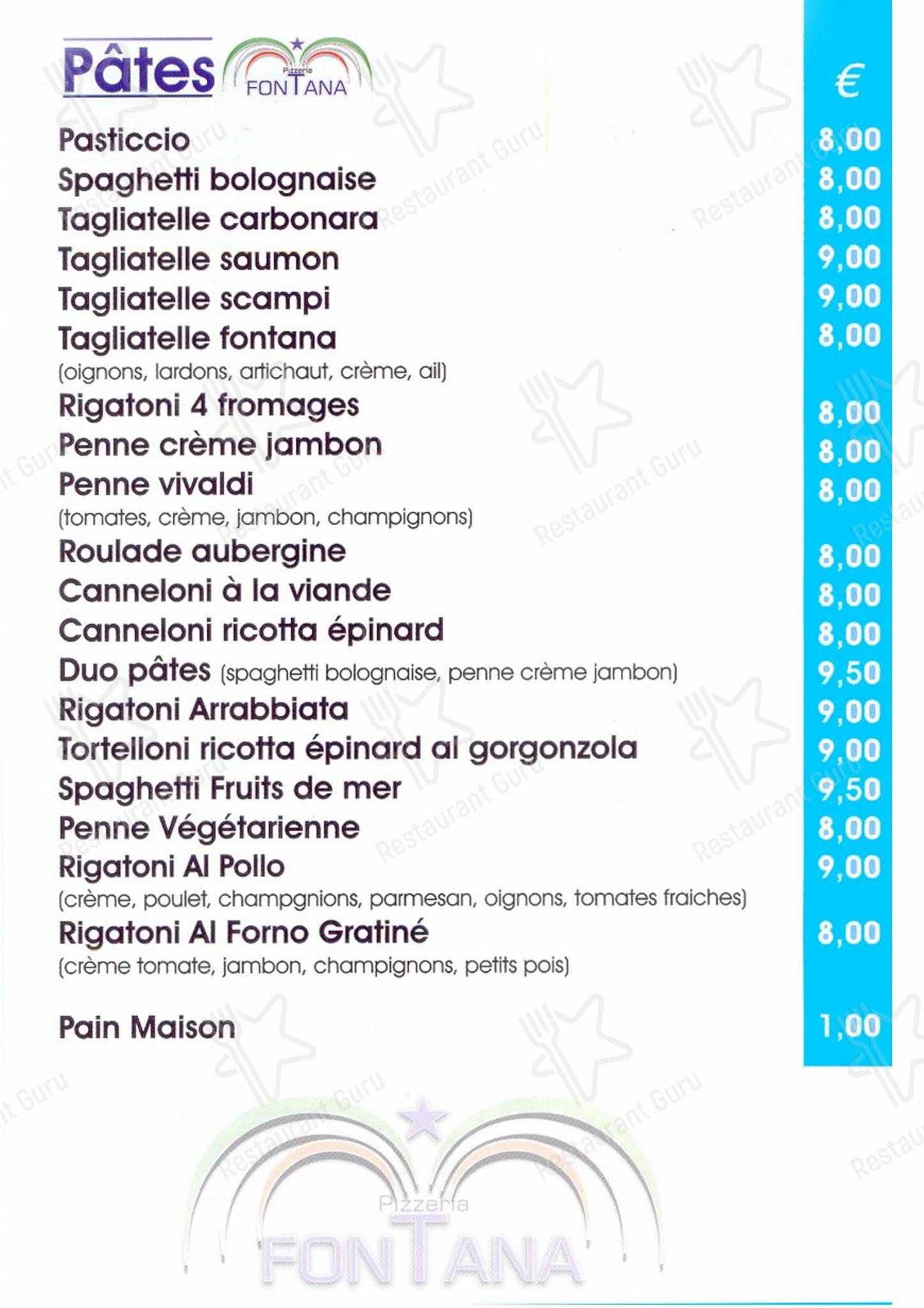 Menu pour La Fontana dans Liège
