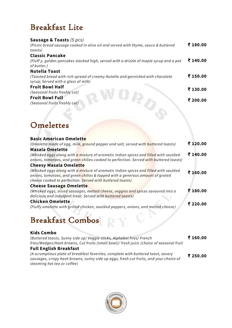 Forwords Library Cafe menu