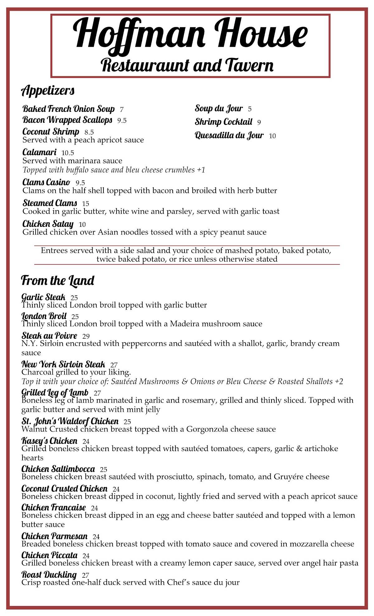 Menu at Hoffman House restaurant, Kingston