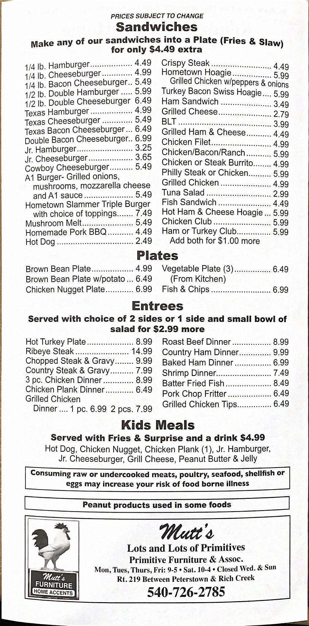 Menu at Hometown Restaurant, Peterstown, 137 Market St