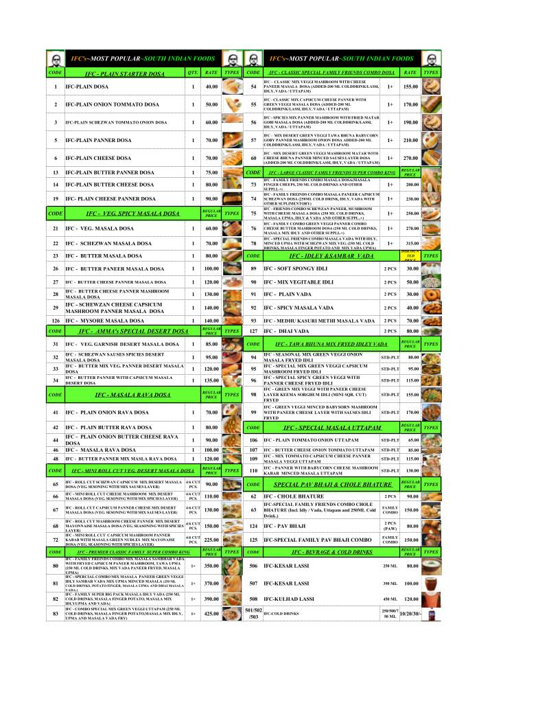IFC - FOODS INDIA menu