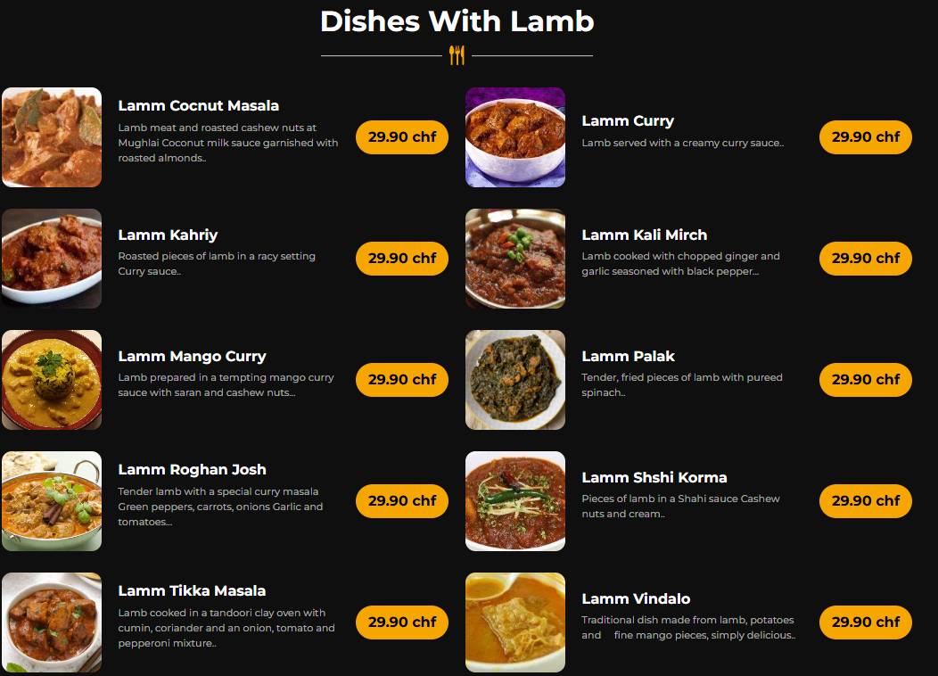 Menu di India4U Bern – Authentic Indian Restaurant & Curry House. 