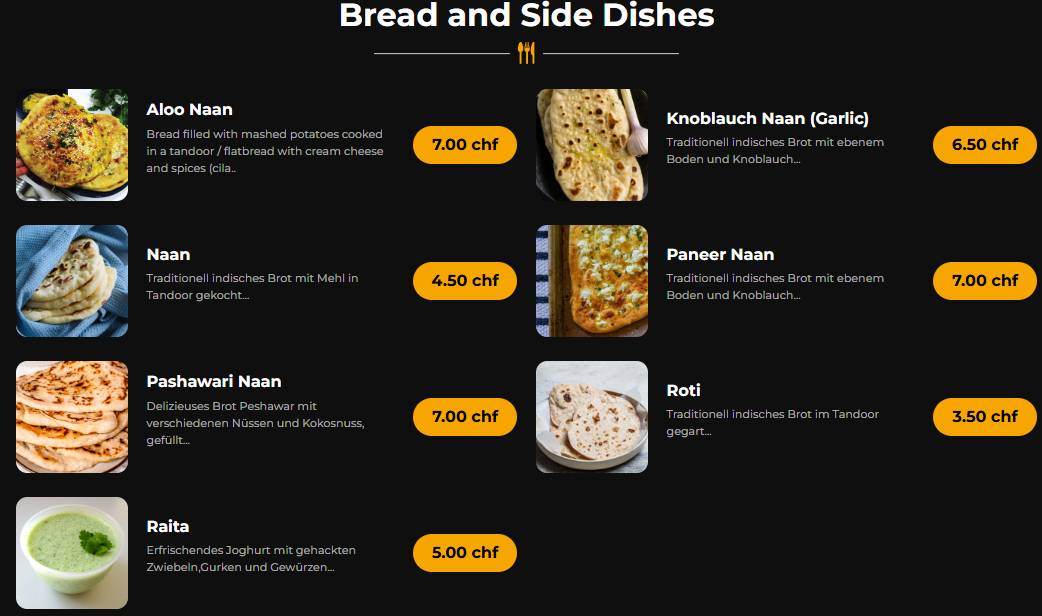 Menu di India4U Bern – Authentic Indian Restaurant & Curry House. 