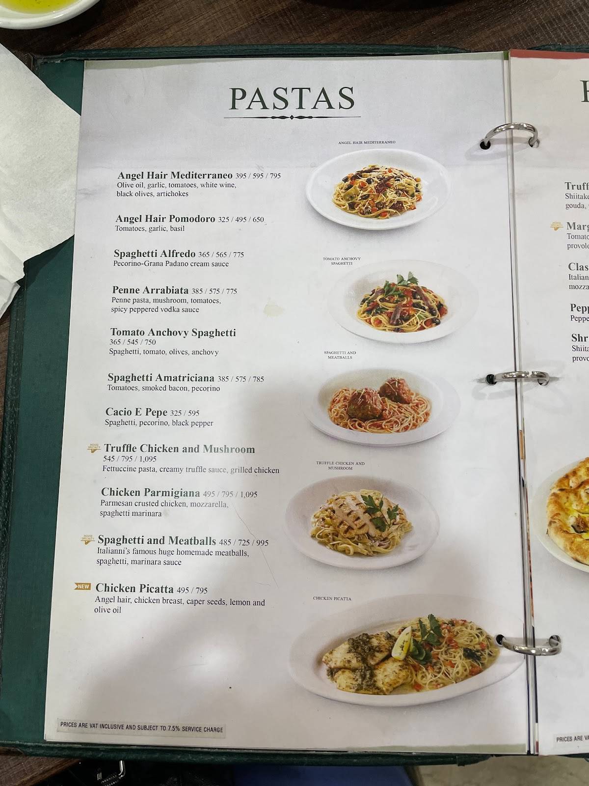 Menu at Italianni's restaurant, Makati, Level 2, Glorietta 4