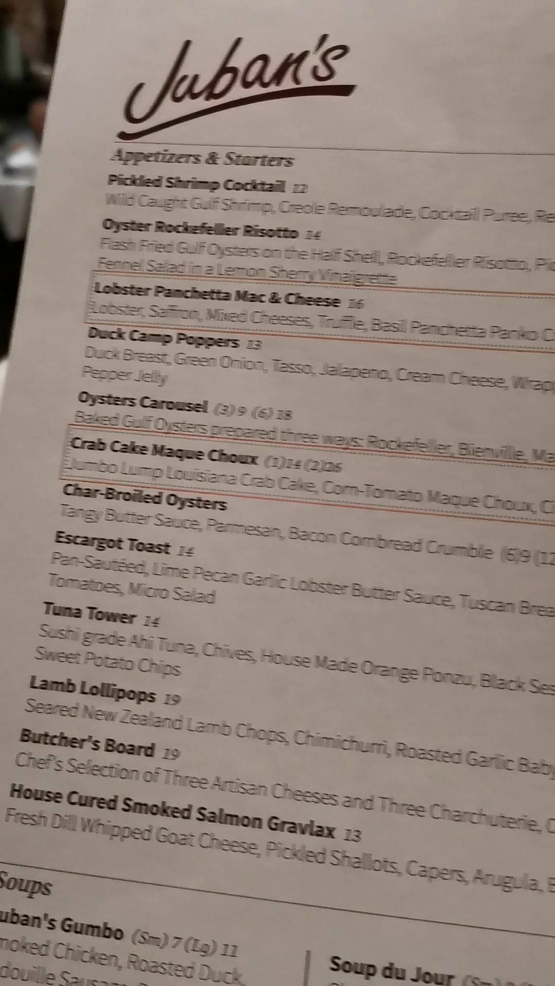 Menu at Jubans Restaurant & Bar, Baton Rouge