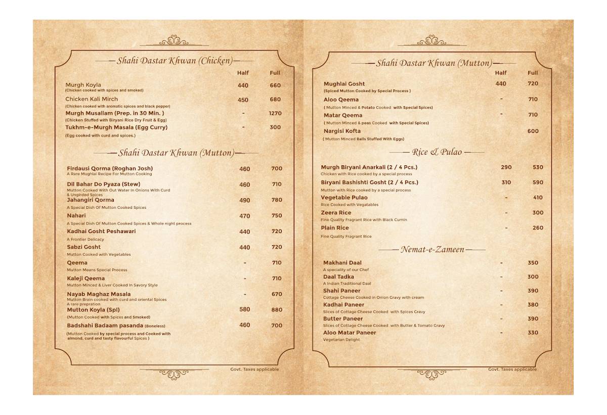 Karim’s Lucknow Lalbagh menu