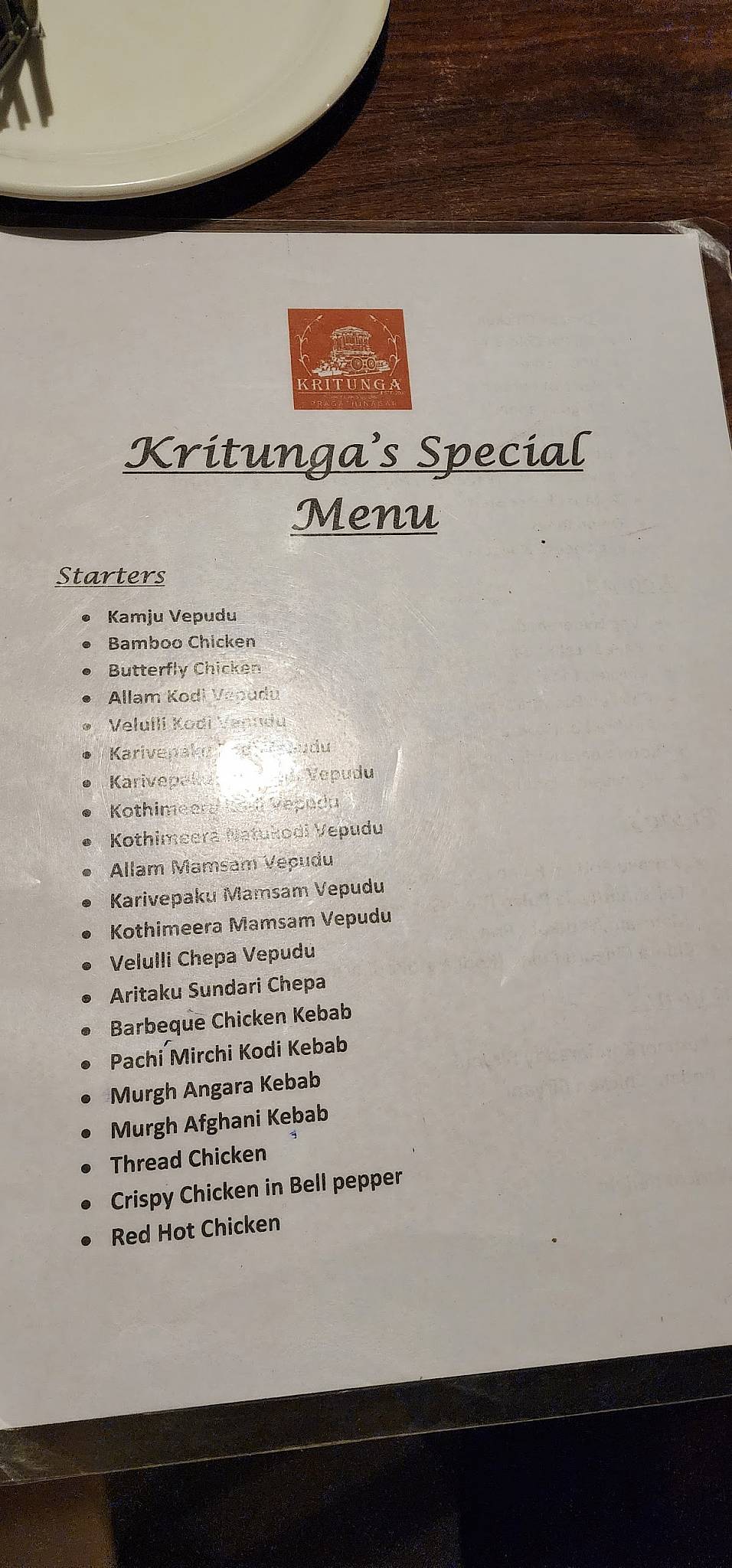 Kritunga Restaurant menu